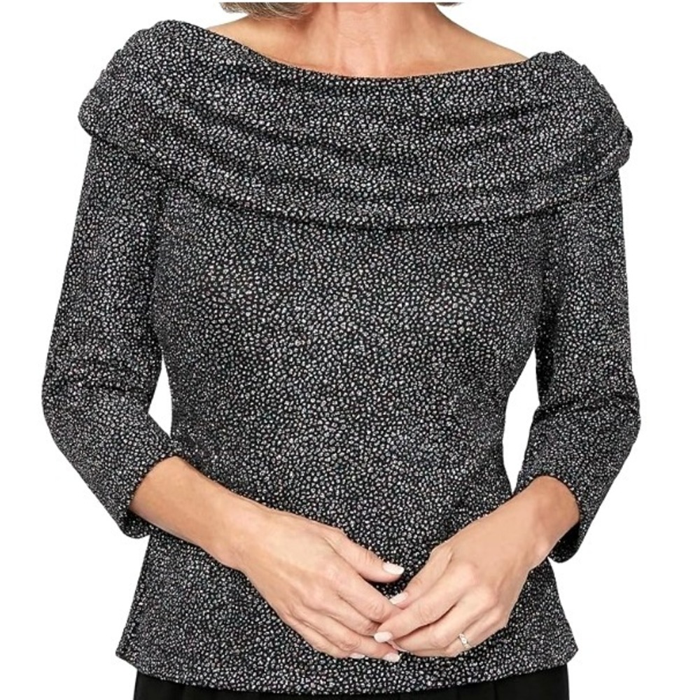 ALEX EVENINGS NWT Womens XL Glitter Cowl Neck 3/4 Sleeve Top Blouse Black Silver
